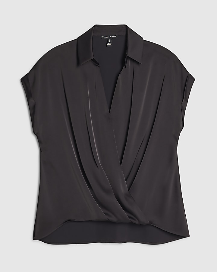 Black Collared Satin Wrap Blouse
