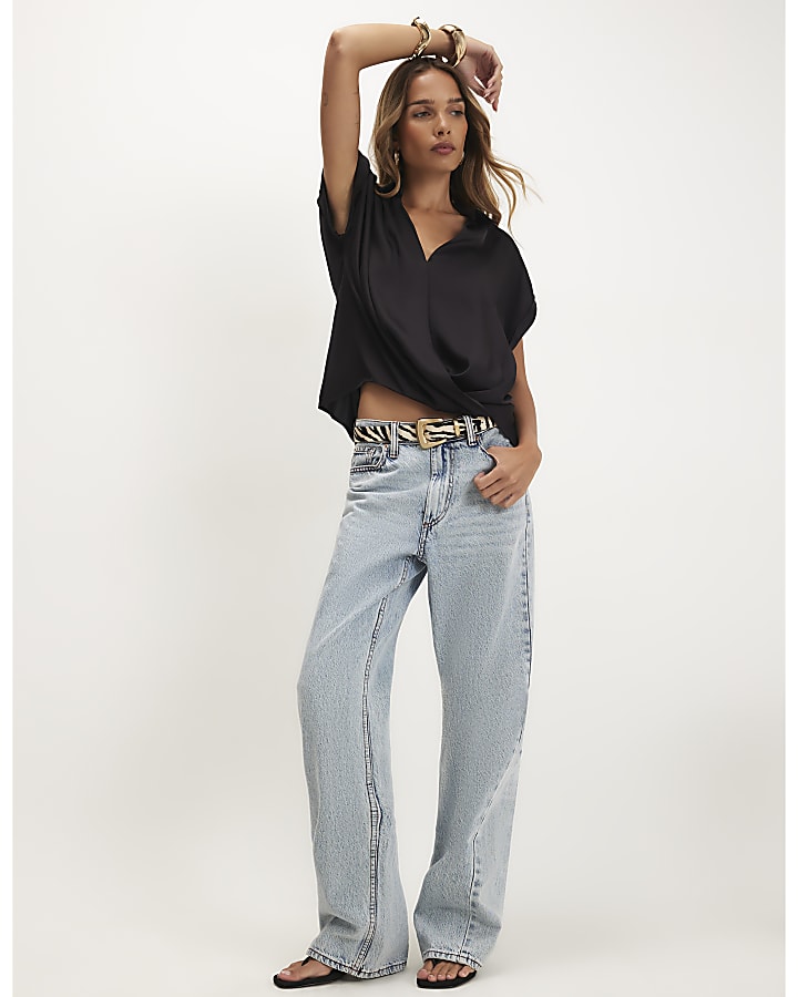 Black Collared Satin Wrap Blouse