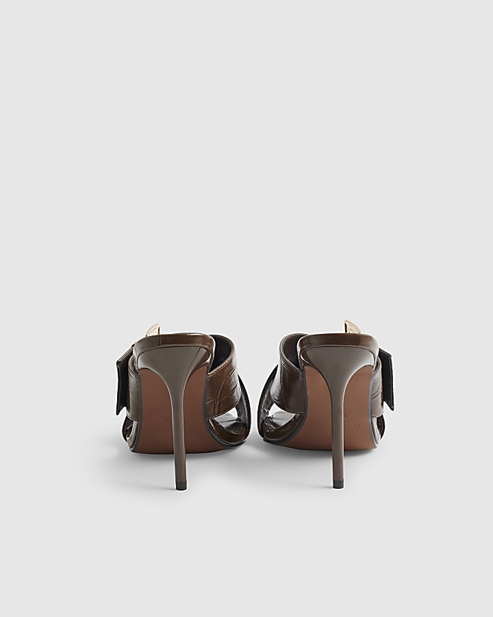 Brown Buckled Heeled Mule Sandals