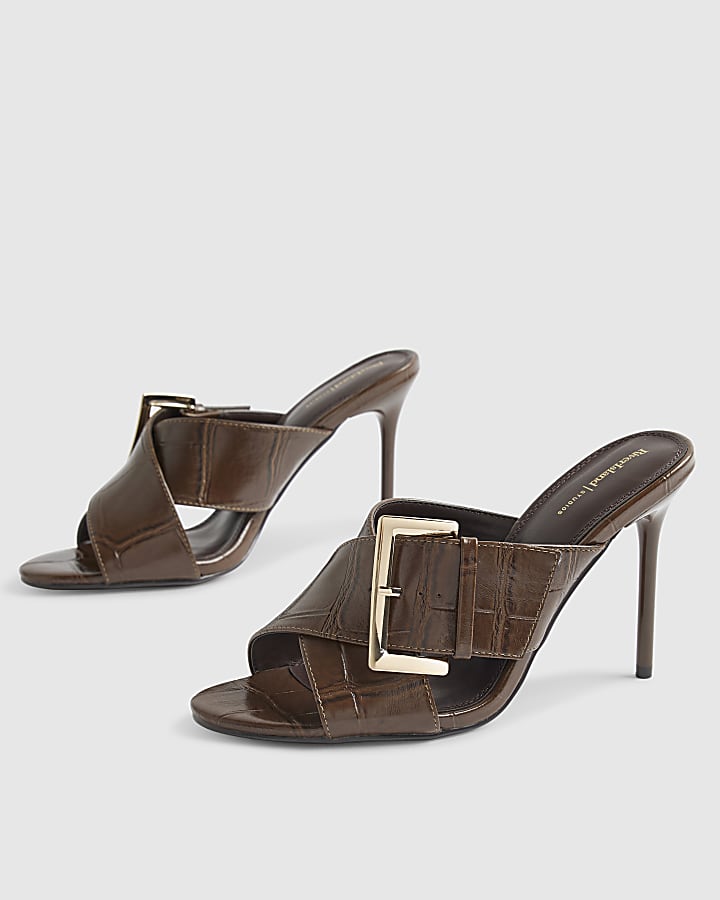 Brown Buckled Heeled Mule Sandals