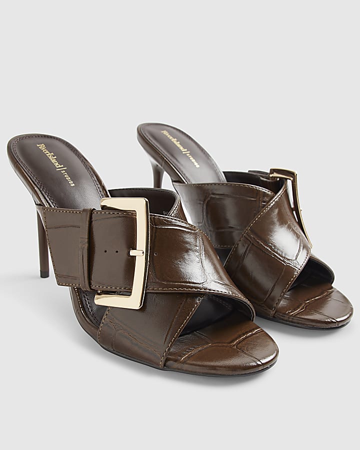 Brown Buckled Heeled Mule Sandals
