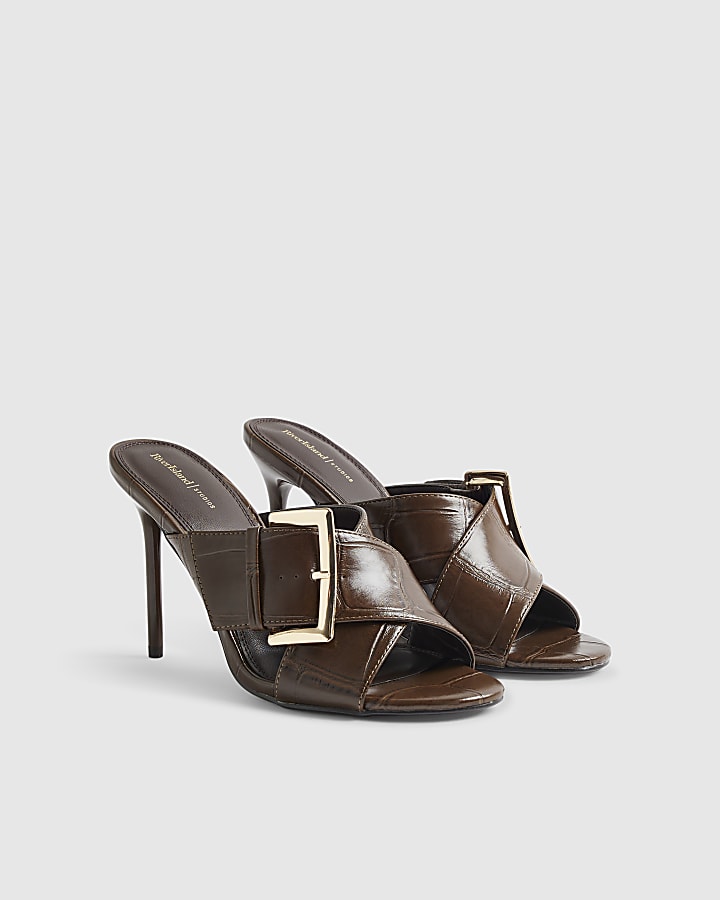 Brown Buckled Heeled Mule Sandals