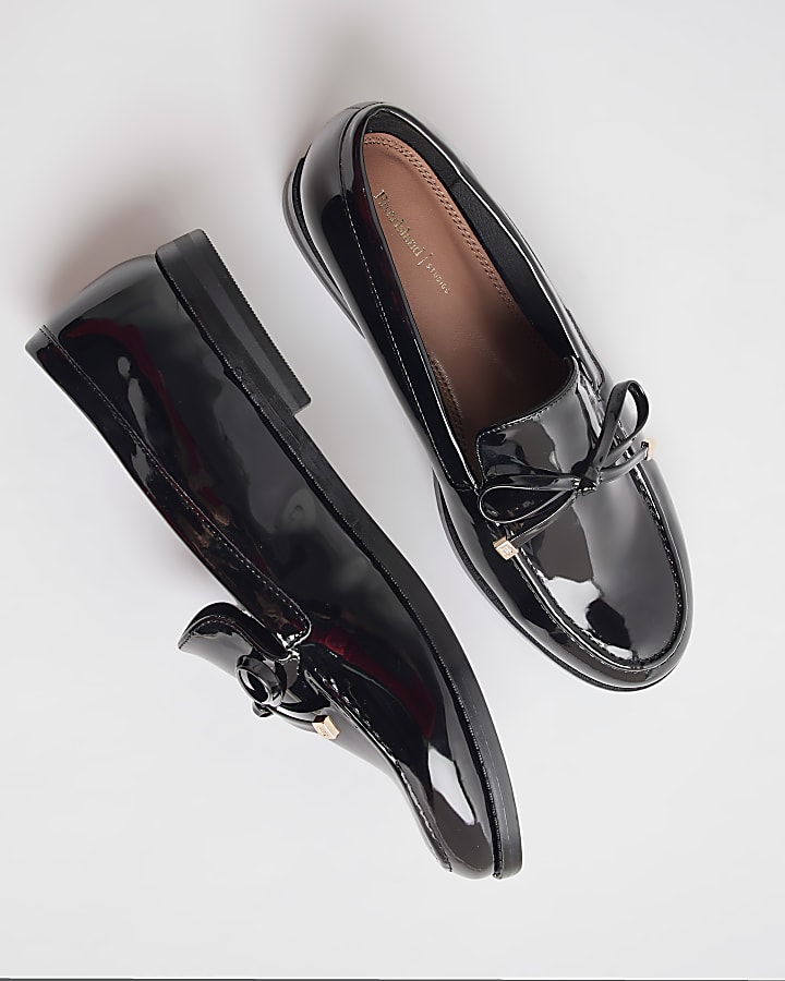 Black Faux Leather Patent Bow Loafers