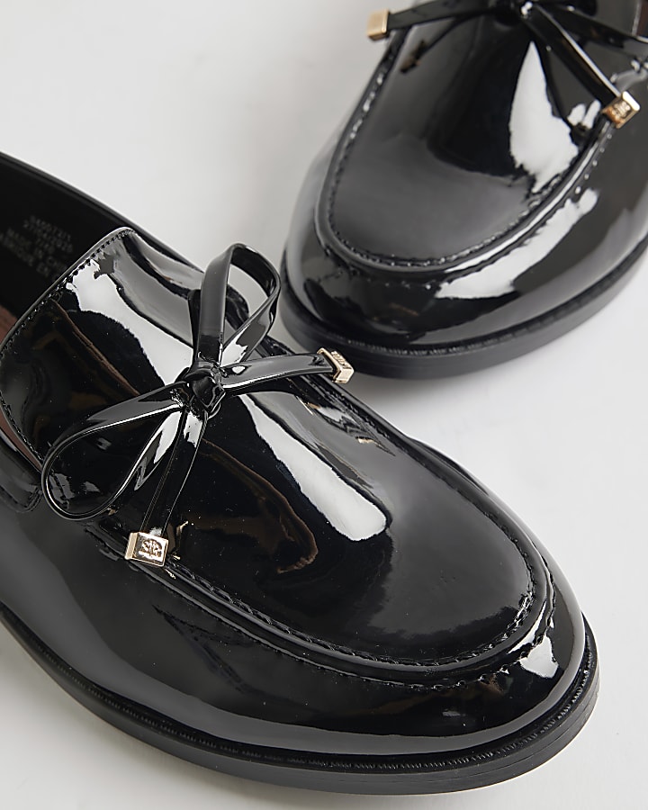 Black Faux Leather Patent Bow Loafers