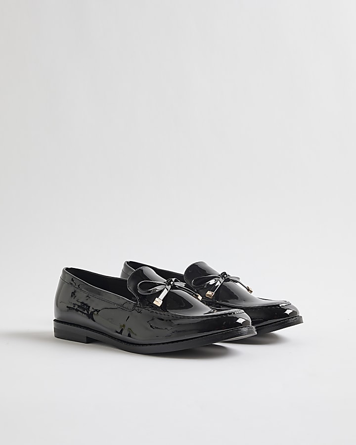Black Faux Leather Patent Bow Loafers