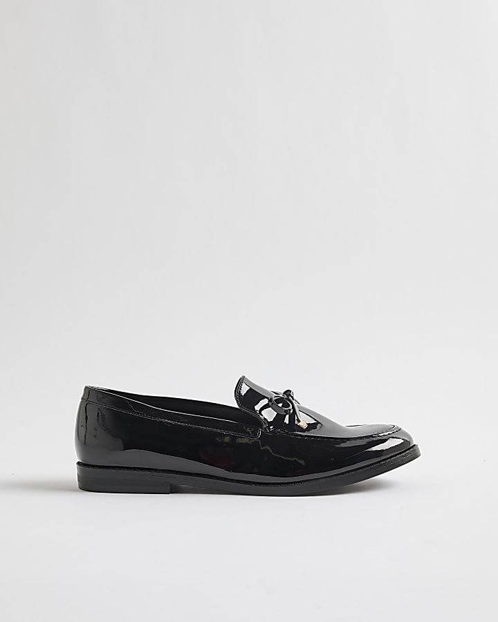 Black Faux Leather Patent Bow Loafers