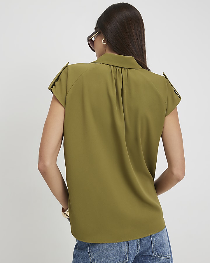 Khaki Sleeveless Crepe Shirt