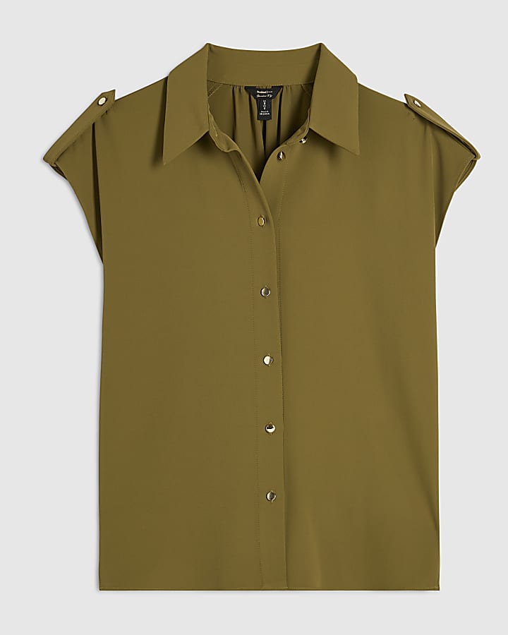 Khaki Sleeveless Crepe Shirt