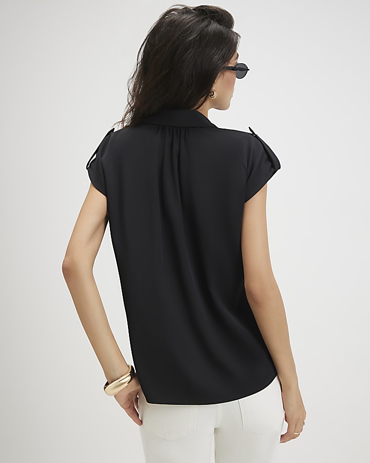 Black Short Sleeve Crepe Shirt