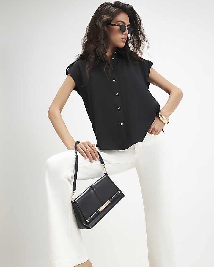 Black Short Sleeve Crepe Shirt