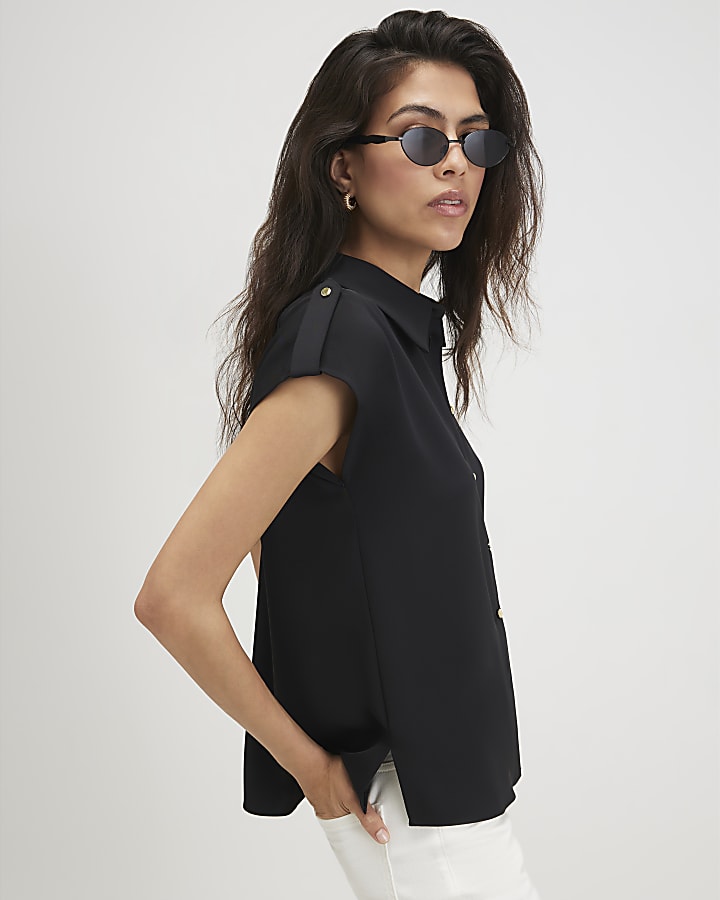 Black Short Sleeve Crepe Shirt