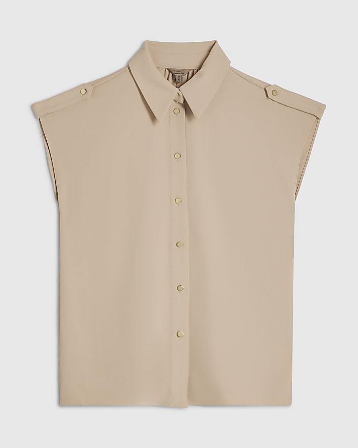 Beige Sleeveless Crepe Shirt