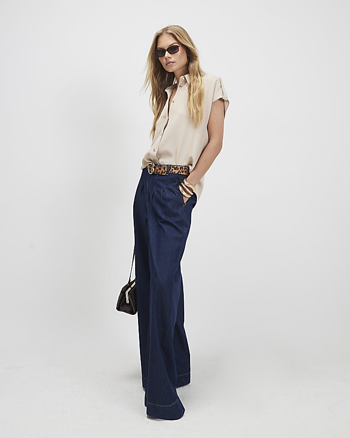 Beige Sleeveless Crepe Shirt