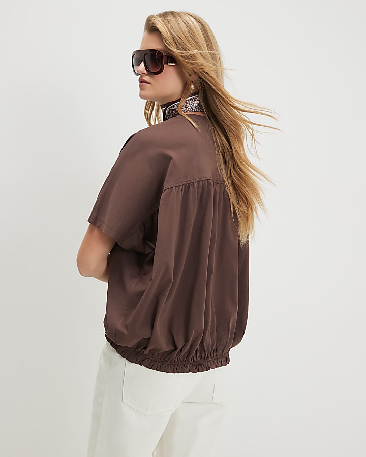 Brown Cotton Hybrid Bubble Hem T-Shirt