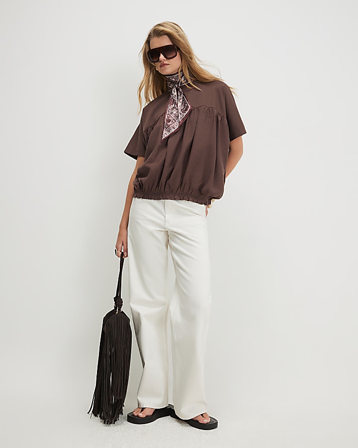 Brown Cotton Hybrid Bubble Hem T-Shirt