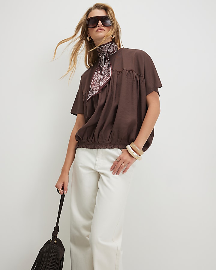 Brown Cotton Hybrid Bubble Hem T-Shirt