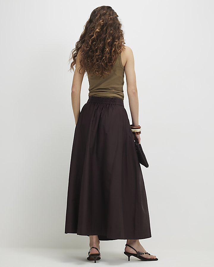 Brown Full A Line Midi Skirt