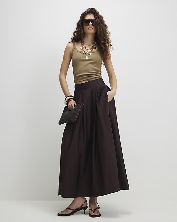 Brown Full A Line Midi Skirt