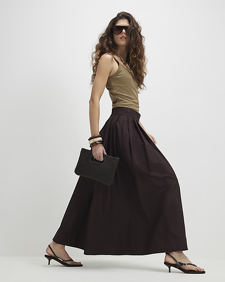 Brown Full A Line Midi Skirt