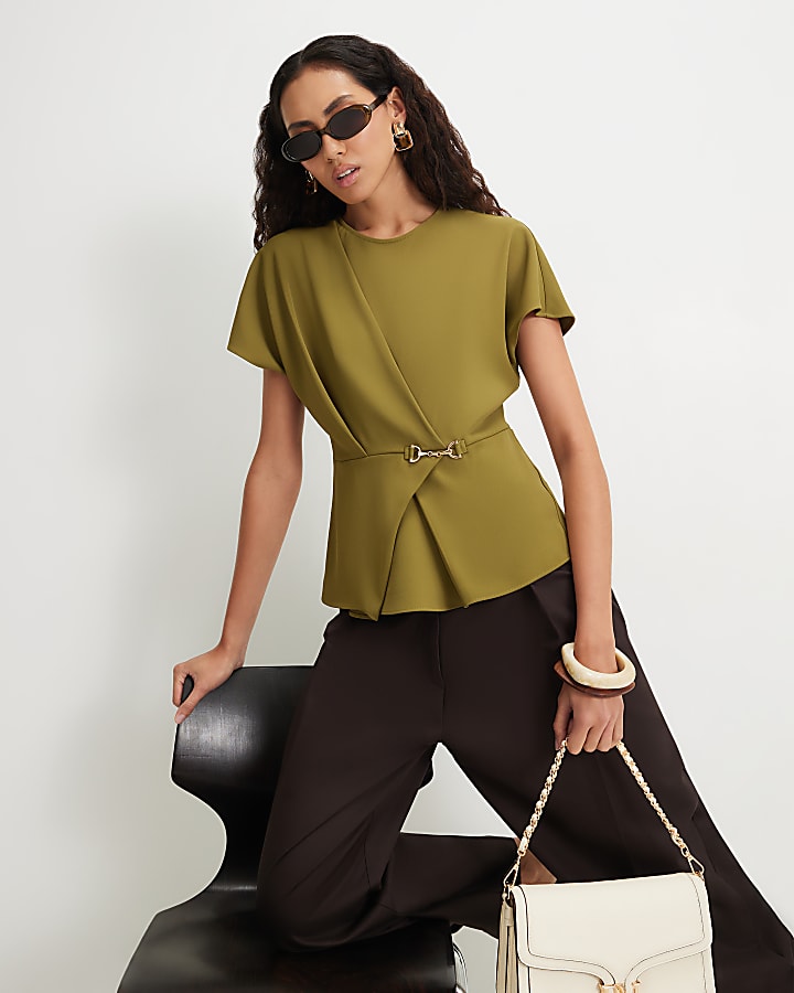 Khaki Crepe Snaffle Detail Blouse