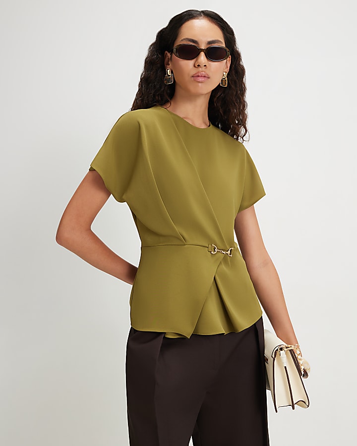 Khaki Crepe Snaffle Detail Blouse
