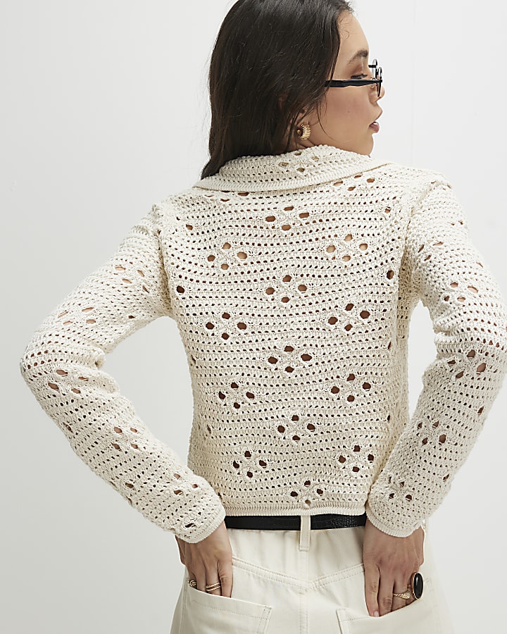 Cream Collared Crochet Cardigan