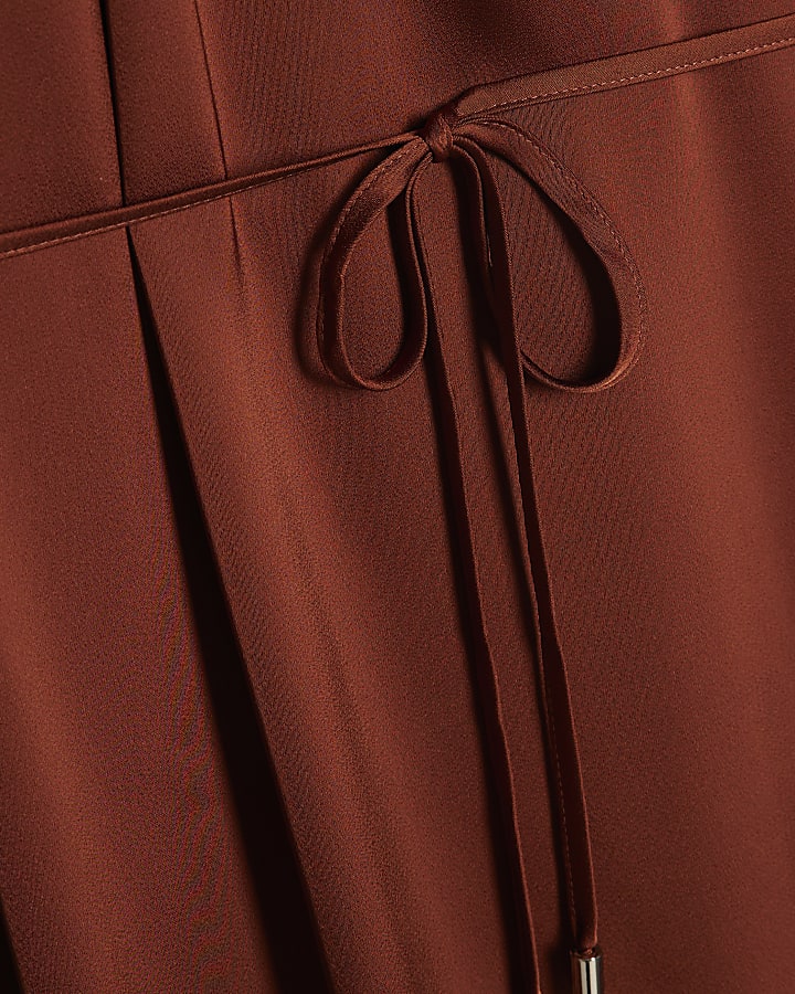 Brown Satin Pleat Neck Mini Dress