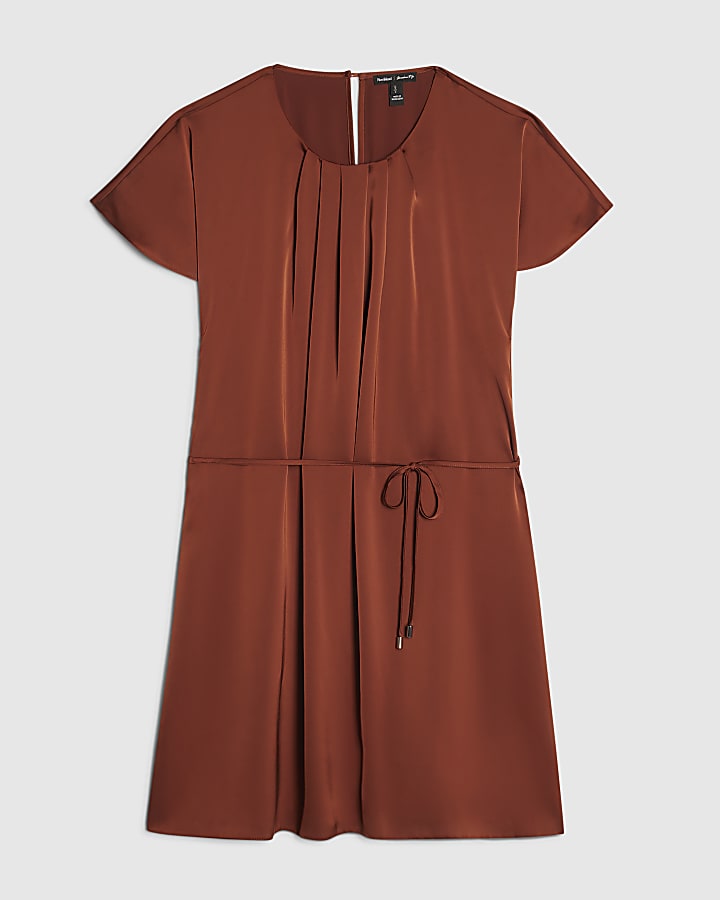 Brown Satin Pleat Neck Mini Dress