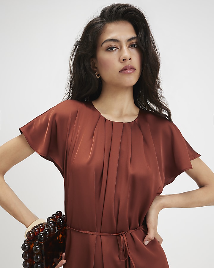Brown Satin Pleat Neck Mini Dress