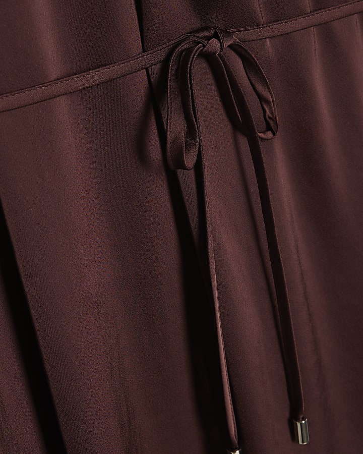 Brown Satin Pleat Neck Mini Dress