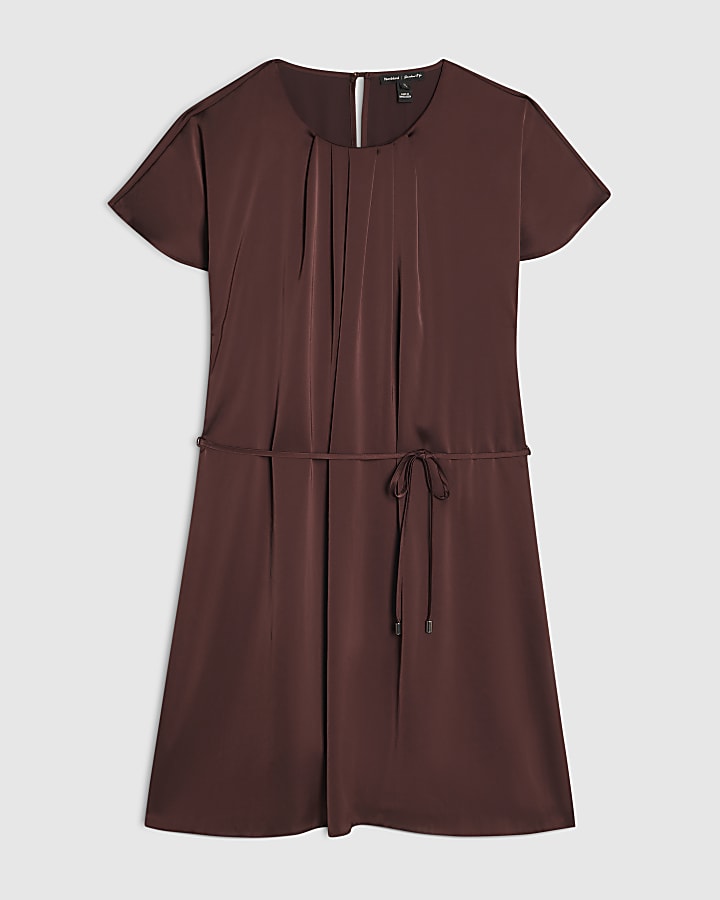 Brown Satin Pleat Neck Mini Dress