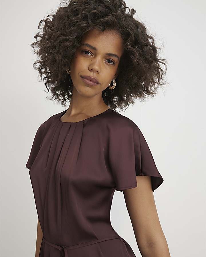 Brown Satin Pleat Neck Mini Dress