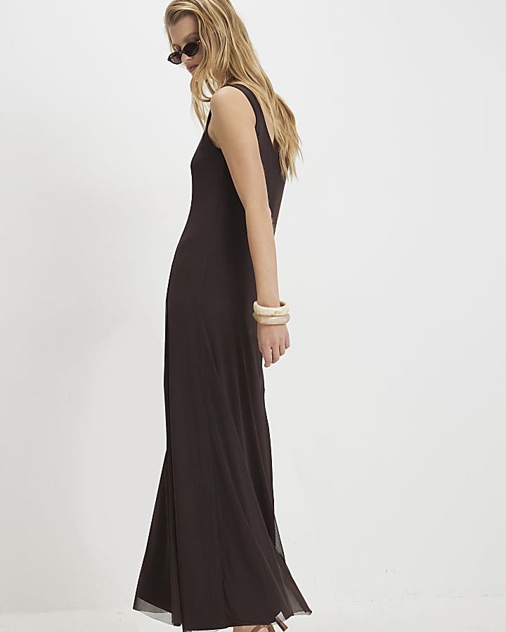 Brown Sleeveless Mesh Maxi Dress