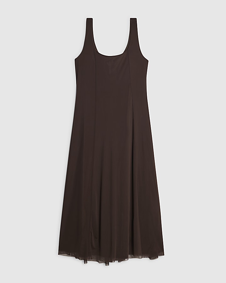 Brown Sleeveless Mesh Maxi Dress