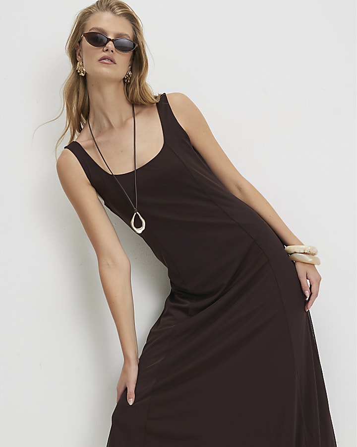 Brown Sleeveless Mesh Maxi Dress