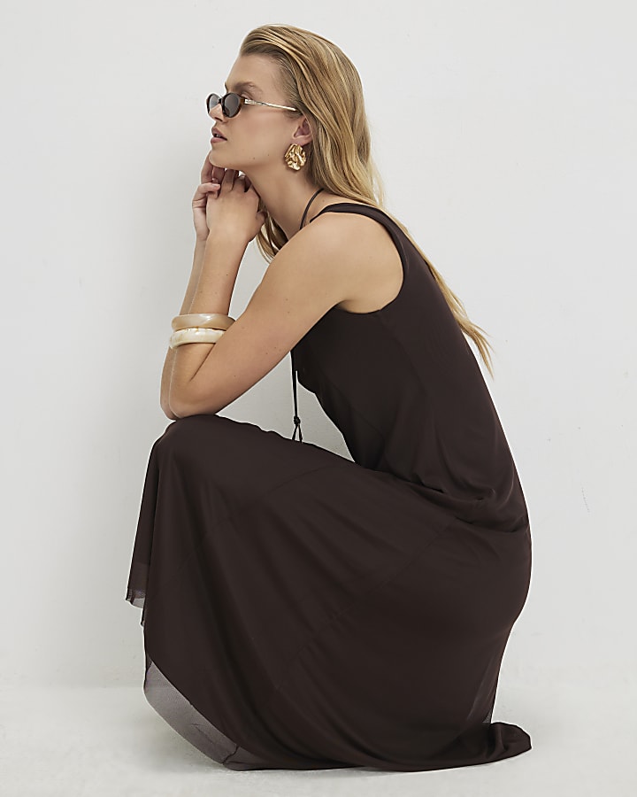 Brown Sleeveless Mesh Maxi Dress