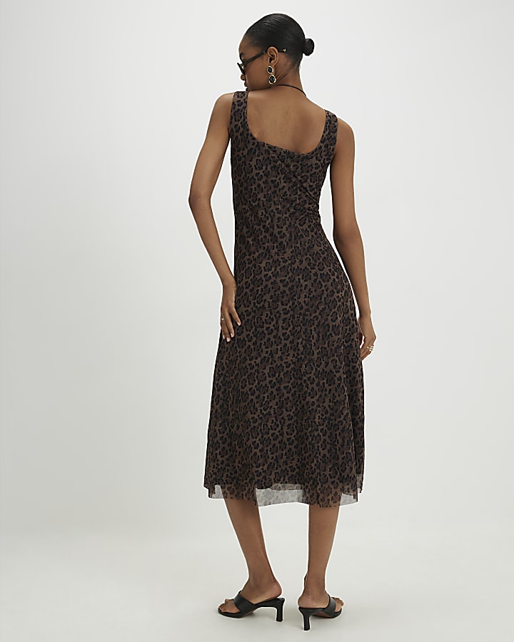 Brown Leopard Mesh Midi Dress