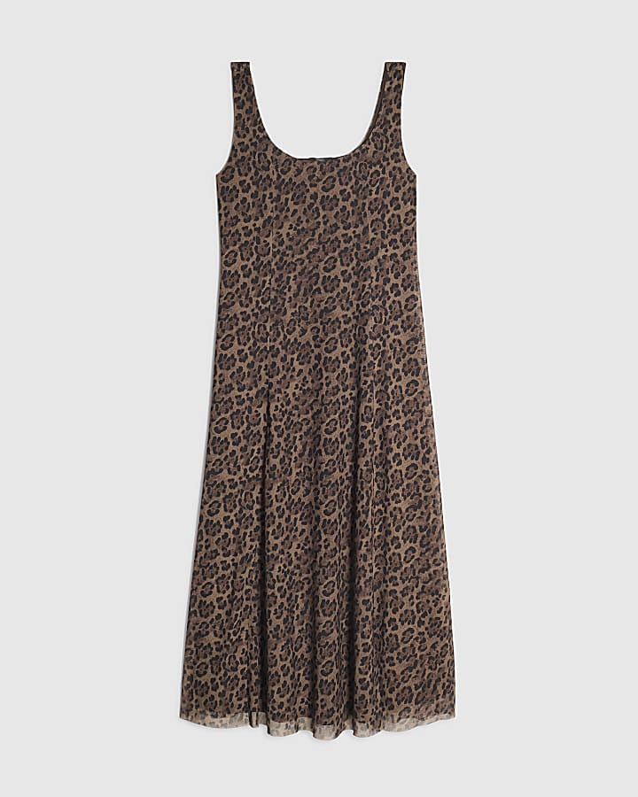 Brown Leopard Mesh Midi Dress