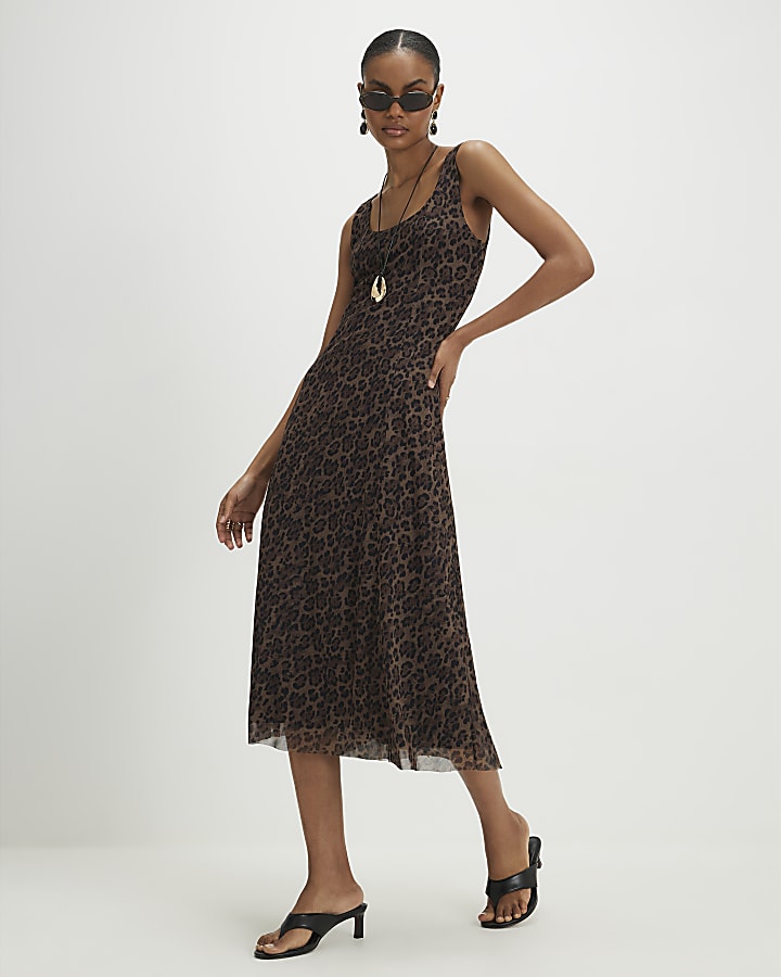 Brown Leopard Mesh Midi Dress