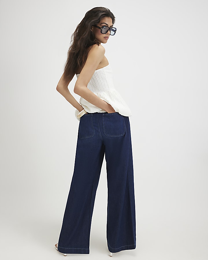 Blue Drawcord Slouch Wide Leg Jeans