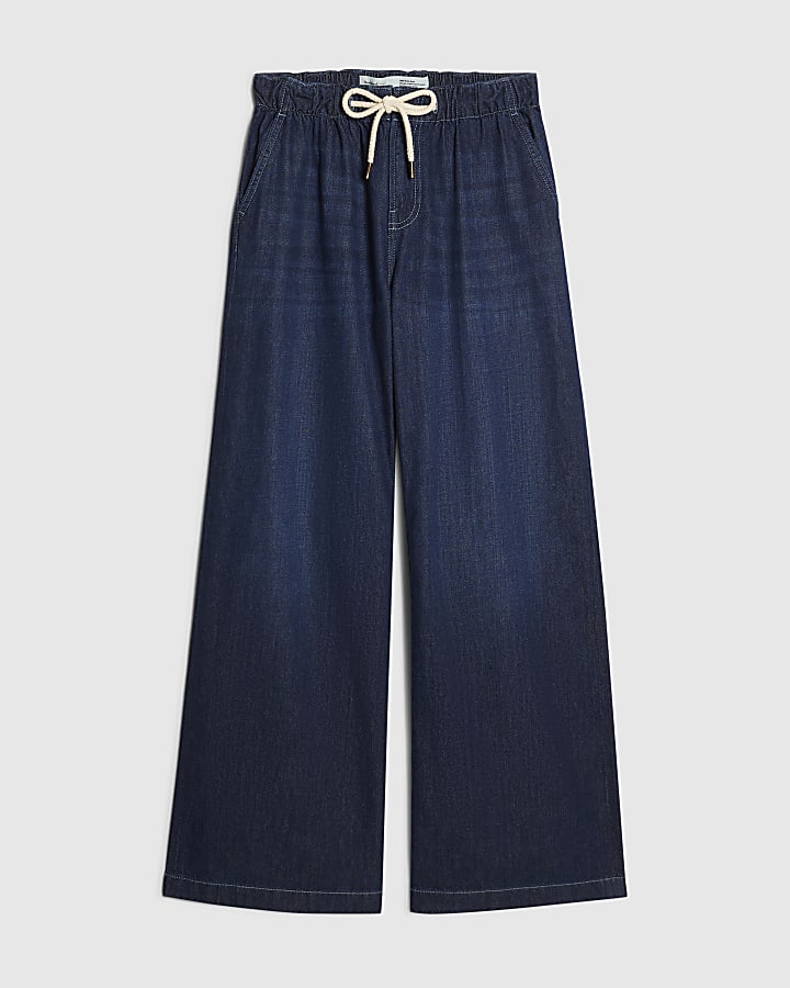Blue Drawcord Slouch Wide Leg Jeans