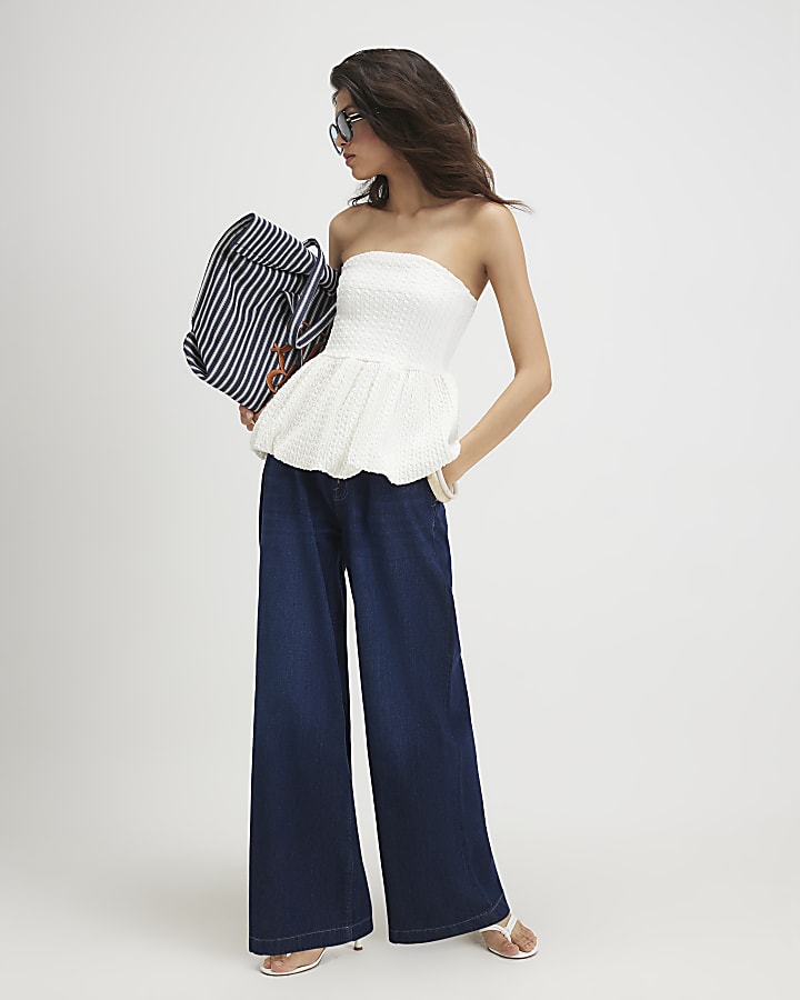 Blue Drawcord Slouch Wide Leg Jeans