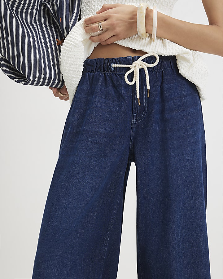 Blue Drawcord Slouch Wide Leg Jeans