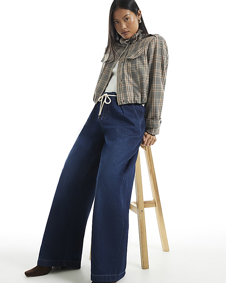 Petite Blue Drawcord Slouch Wide Leg Jeans