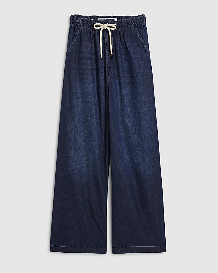 Petite Blue Drawcord Slouch Wide Leg Jeans