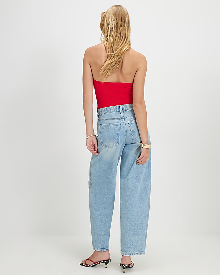 Blue Ripped Barrel Leg Jeans