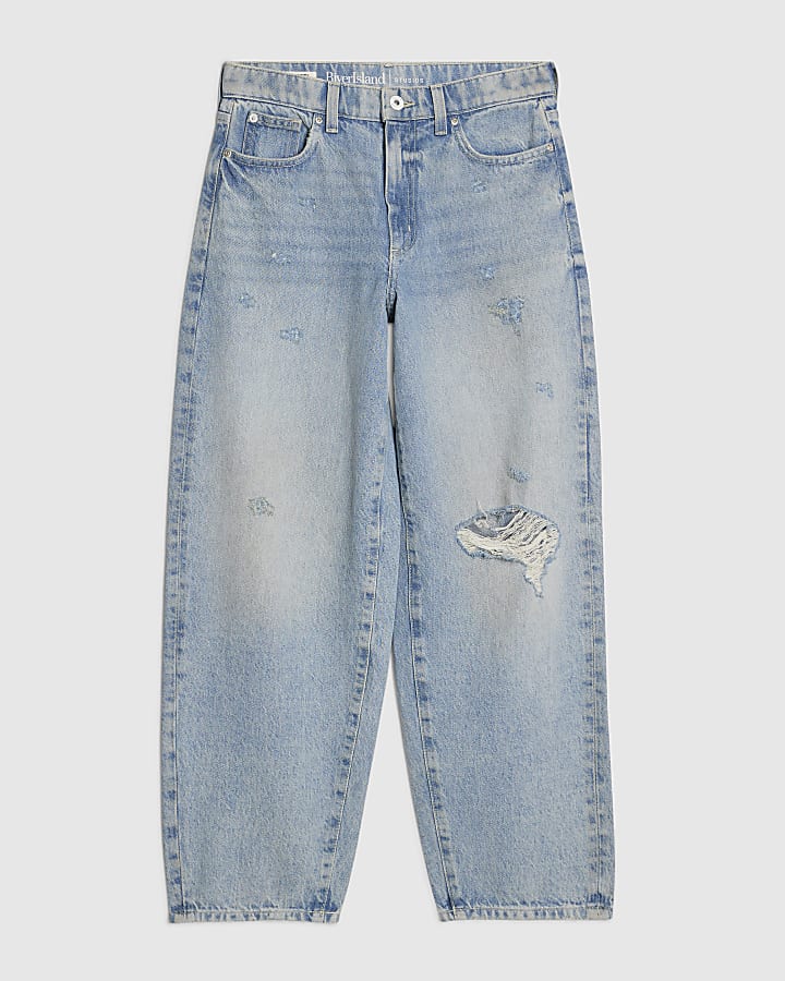 Blue Ripped Barrel Leg Jeans