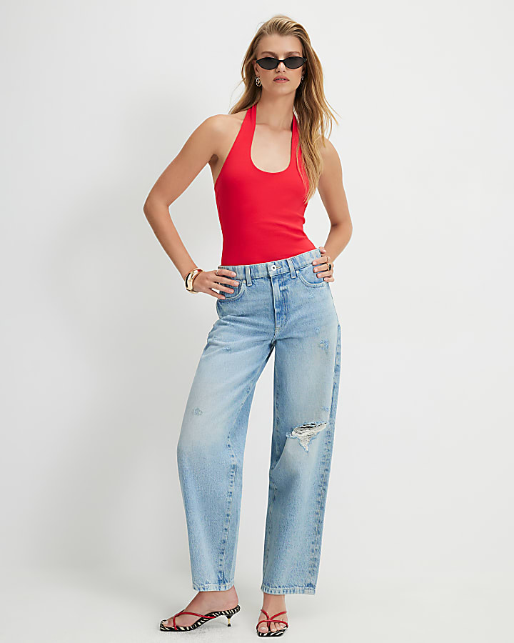 Blue Ripped Barrel Leg Jeans