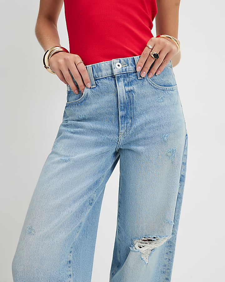 Blue Ripped Barrel Leg Jeans