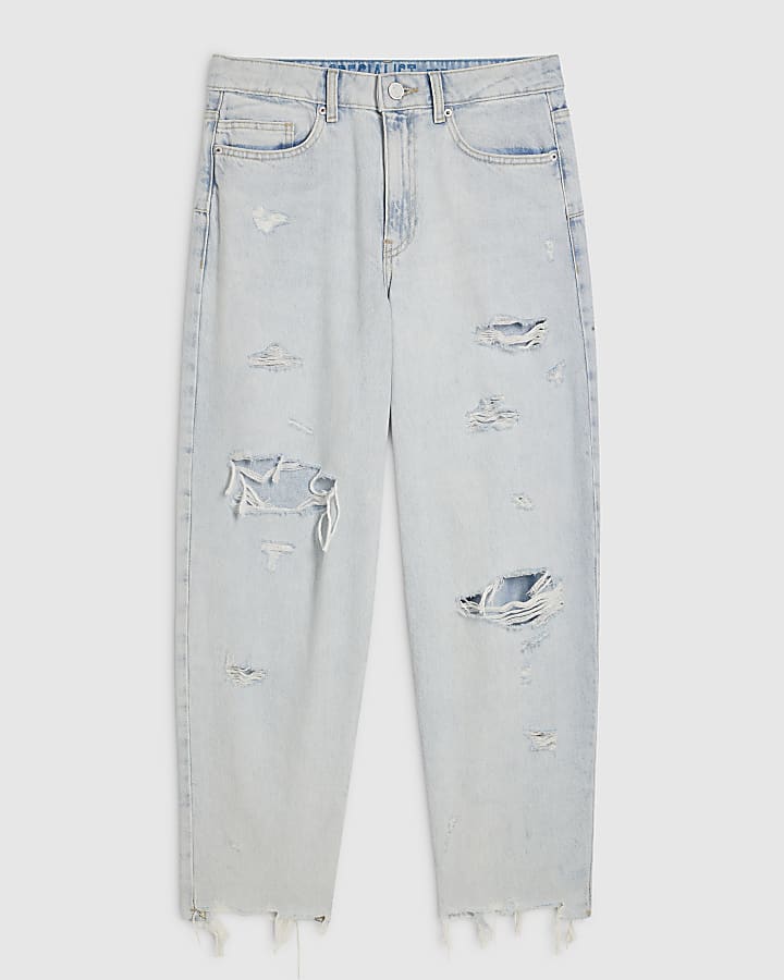 Blue Ripped Raw Hem Barrel Leg Jeans